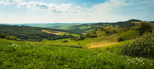 Green transylvanian landscape in the summer. Panorama of transylvanian hills.