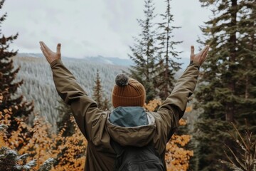 Man Celebrating on Mountain Top with Arms Raised, Victory, Freedom, Outdoor Adventure
