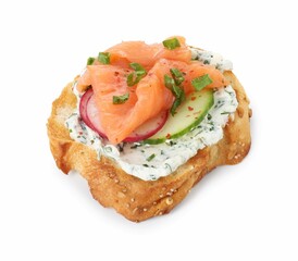 Tasty canape with salmon, cucumber, radish and cream cheese isolated on white