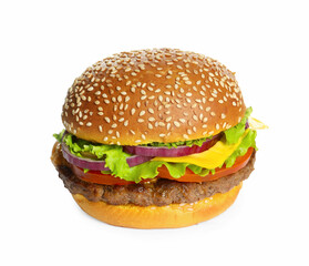 Burger with delicious patty isolated on white