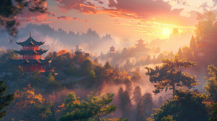 : beautiful landscape of a Chinese temple in the middle of the forest. - Powered by Adobe