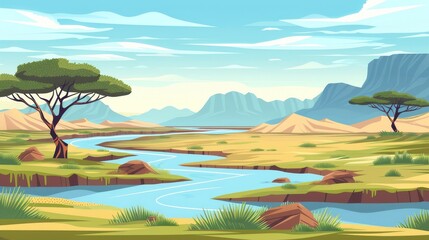 Fototapeta na wymiar Modern cartoon illustration of an African savanna with green grass, water streams and stones. Desert landscape with an oasis.