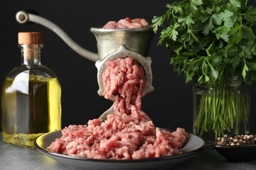 Manual meat grinder with beef mince, spices, oil and parsley on grey table
