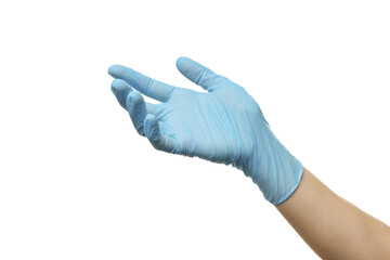 Doctor wearing light blue medical glove holding something on white background, closeup