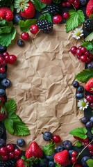 A vibrant selection of fresh berries framing a crumpled piece of brown paper, ideal for food concepts.