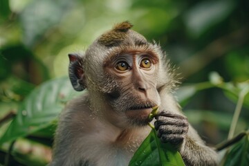 Jungle Dweller: Detailed Portrait of a Monkey in the Wild Eating Green Leaves, Expressive Eyes, Natural Environment