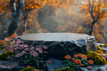 Stone podium at magic forest, plants, green moss, herbs, dew - 3D mockup background beauty product presentation concept. Copy space platform for Cosmetics, perfume fashion sales advertising stand.