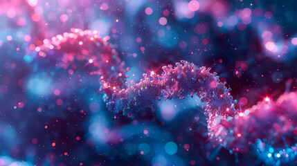 
A close up of a DNA strand with a blue and red hue. The strand is surrounded by a blurry...