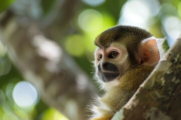 Fototapeta premium Primate in Paradise: Serene Monkey in a Forest Sanctuary, Expressive Eyes, Wildlife, Natural Setting
