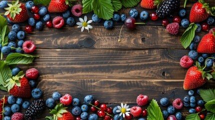 A lush arrangement of mixed berries and a daisy on a rustic wooden background, forming a frame with copy space.