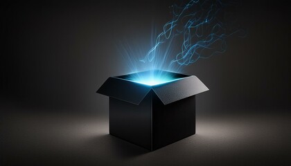a black box with a blue light coming out of the top of it on a dark background with a blue light coming out of it.