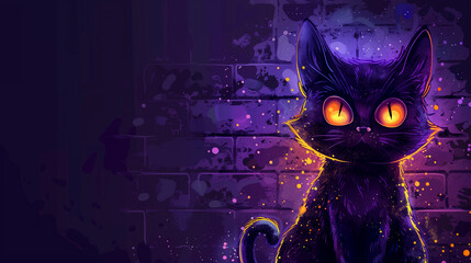 A cat with big yellow eyes is sitting on a purple background. The cat appears to be looking at the camera with a curious expression. The purple background and the cat's bright eyes create a mysterious