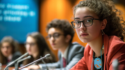 .A picture of a "Focused Students Participating in a Mock United Nations Debate" featuring studio lighting