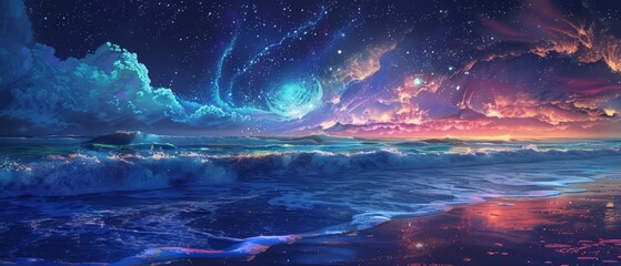 Fototapeta premium Envision a serene beach stadium with waves softly breaking nearby, under a starry sky enhanced by cybernetic elements, designed in a surrealistic style with room for text