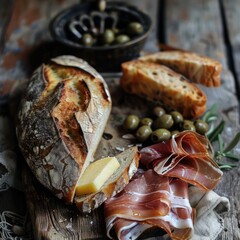 Rustic Gastronomy, Sourdough Bread, Cheese, Prosciutto, Olives on Wooden Table with Vintage Cloth