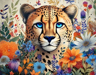 a painting of a cheetah surrounded by wildflowers and other wildflowers, with a blue - eyed, blue -...