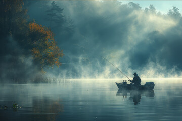 Early morning tranquility: Lone fisherman casting a line in a fog-shrouded lake at sunrise.. AI generated.