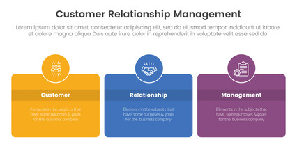 CRM customer relationship management infographic 3 point stage template with round box and circle badge on center with horizontal direction for slide presentation
