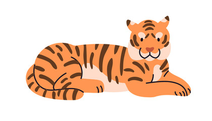 Cute tiger cub lying. Happy funny jungle animal. Adorable exotic tropical wild feline, striped African big cat relaxing. Kids flat graphic vector illustration isolated on white background