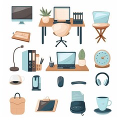 A collection of office supplies including a laptop, mouse, keyboard, and a clock