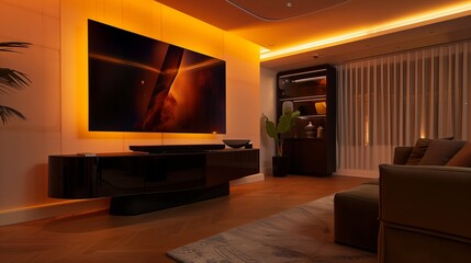 Fototapeta premium A contemporary TV lounge with a sleek black monolithic TV stand and ambient ceiling lights