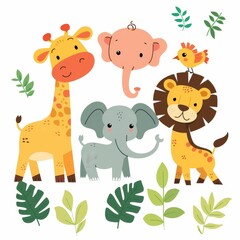 Naklejka premium A group of animals, including a giraffe, elephant, lion, and bird