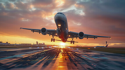 Naklejka premium A large jetliner taking off from an airport runway at sunset or dawn with the landing gear down and the landing gear down, as the plane is about to take off