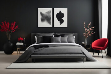 Luxurious Modern Bedroom Design with Bold Black Walls, Contemporary Art, and Vibrant Red Accents