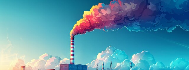 Illustration. A factory smokestack spewing out colorful clouds, representing the environmental impact of industry.