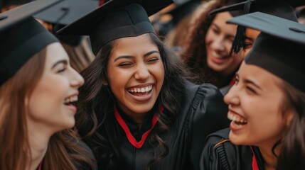 High school or college female students girls graduates outdoor wearing gowns and mortarboard graduate hats laughing
