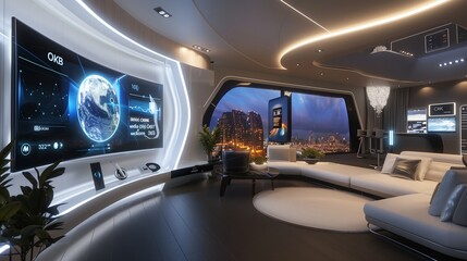 A futuristic TV lounge with voice-activated smart home features and a curved OLED screen