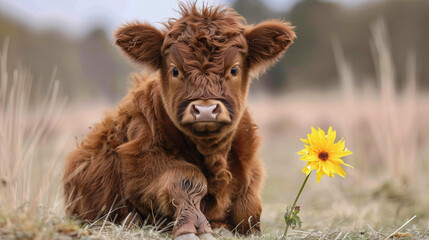 Adorable Baby Highland Cow Sitting Down