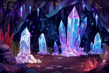 Cartoon cute doodles of shimmering crystals embedded in the walls of a mystical cave, with curious rock elementals shaping and polishing, Generative AI