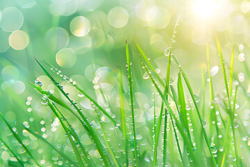 Large water drops of dew with reflecting sun on stem of green grass on light green background with bokeh. Artistic image of beauty and purity of environment