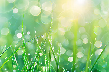 Large water drops of dew with reflecting sun on stem of green grass on light green background with bokeh. Artistic image of beauty and purity of environment