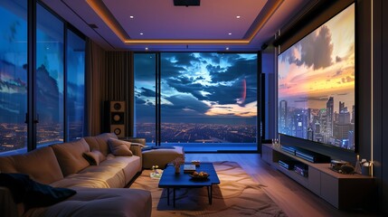 A high-tech TV lounge with a retractable projector screen and surround sound system