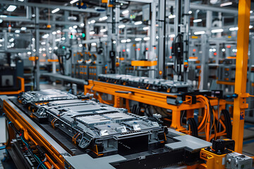 Fototapeta premium Mass production assembly line of electric vehicle battery cells