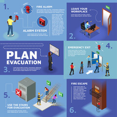 Isometric evacuation infographic template with emergency scenes