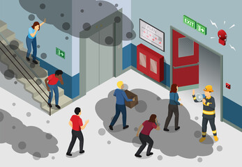 Isometric evacuation illustration with an emergency scene