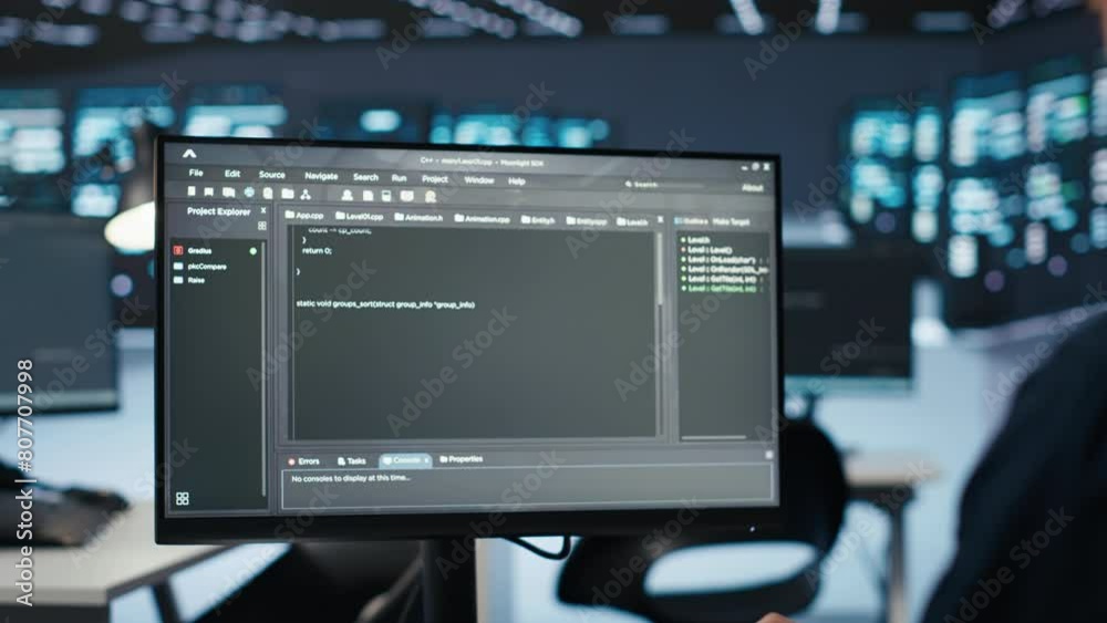 Poster system administrator running script on computer screen in high tech data center, ensuring optimal pe