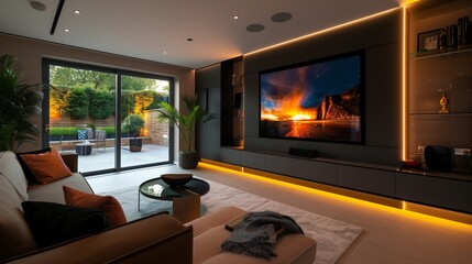 A luxury TV lounge with a bespoke media wall featuring integrated LED strips