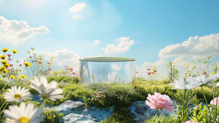 3d render spring scene and Natural background, Stone podium on the colorful flowers and grass field, backdrop blue sky and cloud for product display, transparence, mockup glass