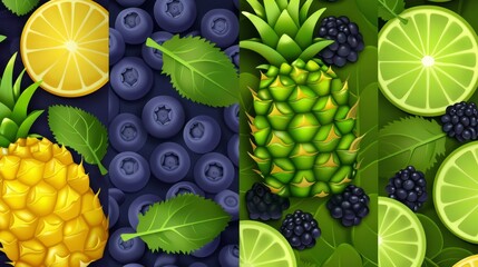 The seamless pattern of ripe blackberries, anans, and green citrus rinds makes this a perfect game background.