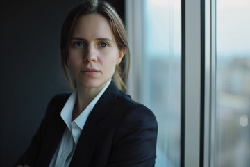 Fototapeta premium A confident businesswoman stands by the window, exuding strength and determination.