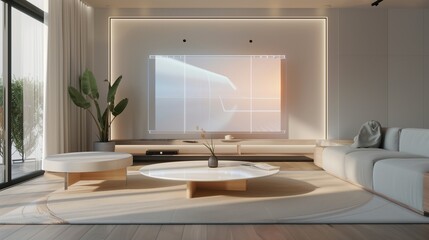 A modern TV lounge with a holographic TV display and minimalist furniture