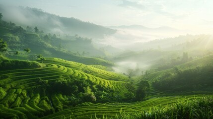 A Serene Terraced Rice Field Sunrise