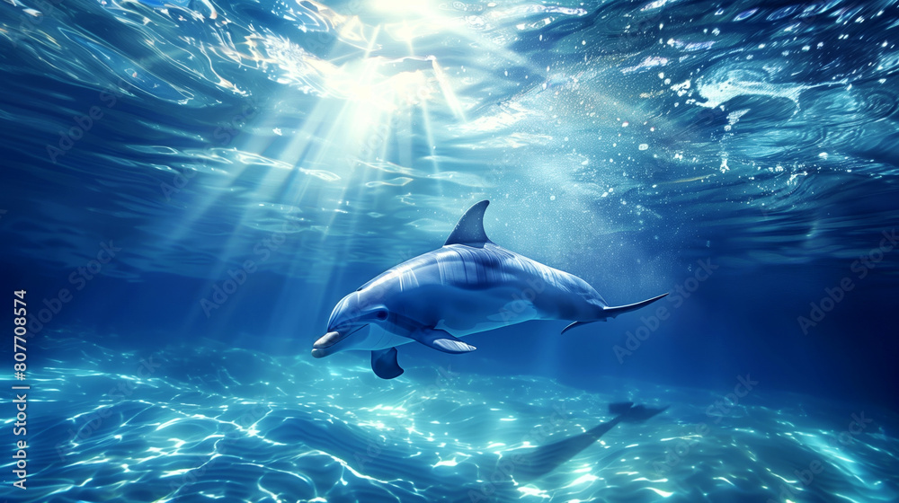 Poster a serene underwater scene featuring a dolphin gracefully swimming with sunlight piercing through the