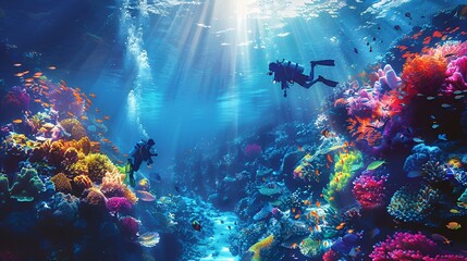 AI generated illustration of two divers exploring vibrant coral reefs in the blue ocean
