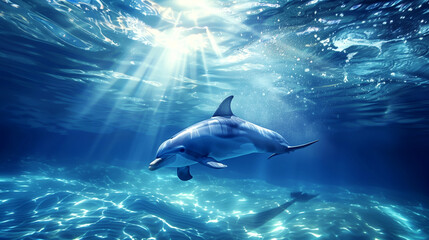 A serene underwater scene featuring a dolphin gracefully swimming with sunlight piercing through the water.