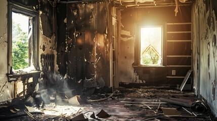 Interior of a burnt house with charred walls and debris filled room illuminated by sunlight.